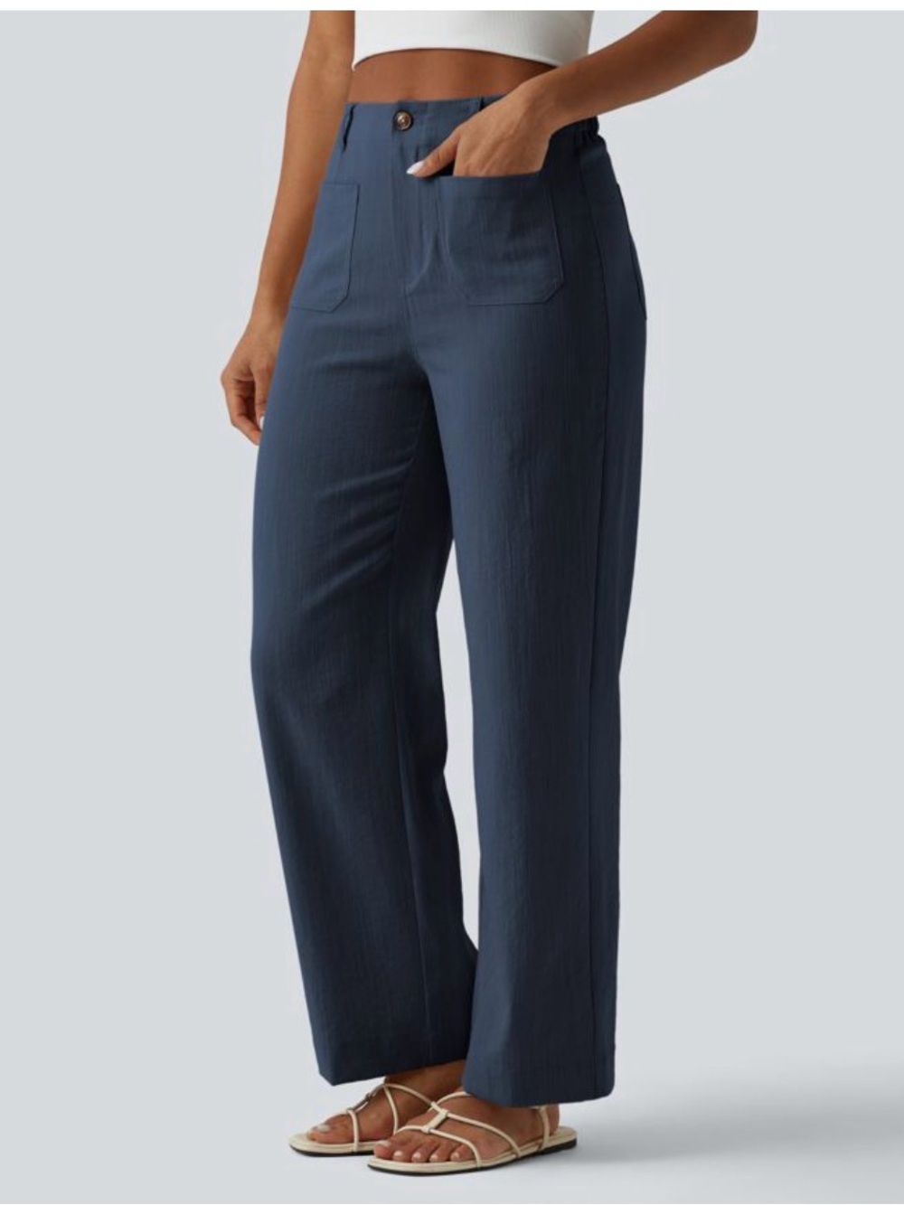 Wide-Leg High-Rise Linen-Feel Deep Secluded Blue Pants